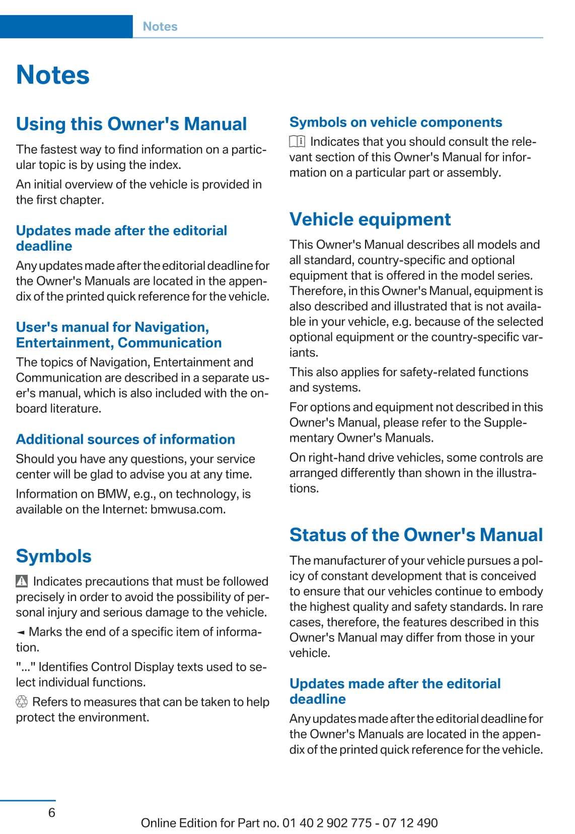 2012 BMW 7 Series Owner's Manual | English