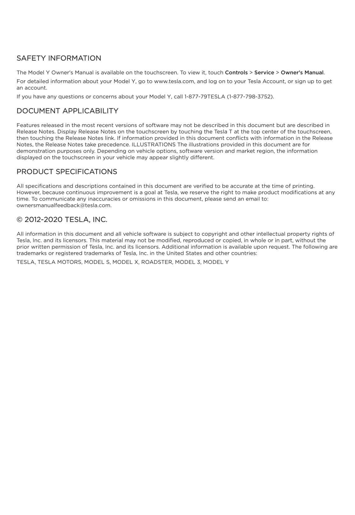 2020 Tesla Model Y Owner's Manual | English