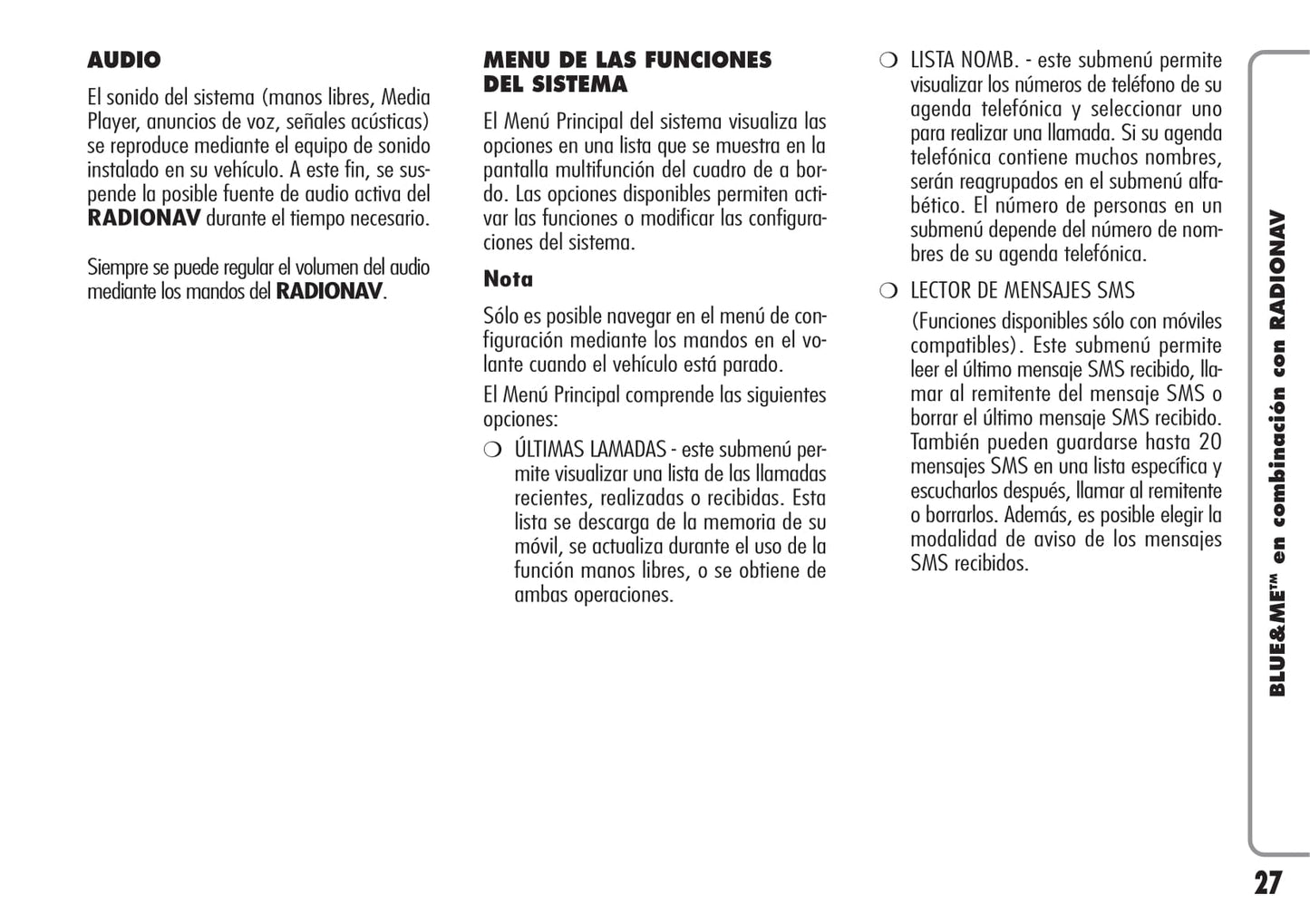 Alfa Romeo Blue&Me en Combinación con Radionav Instrucciones 2009 - 2010