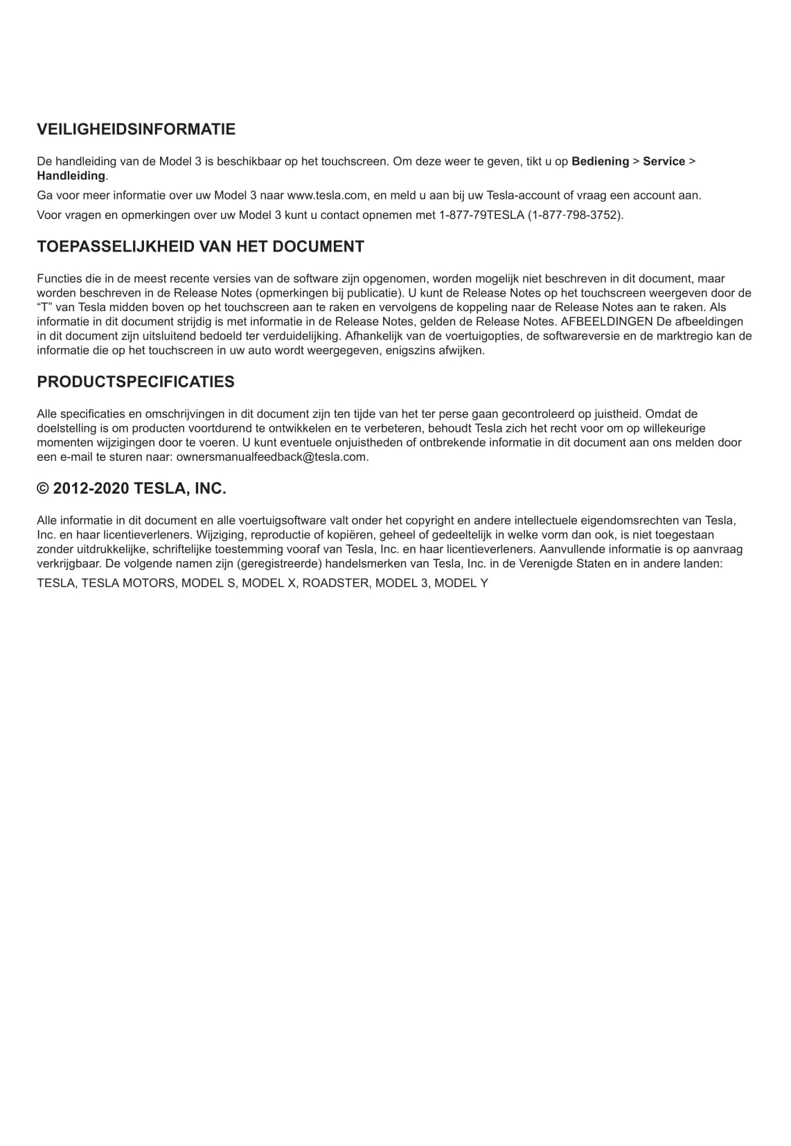 2020 Tesla Model 3 Owner's Manual | Dutch