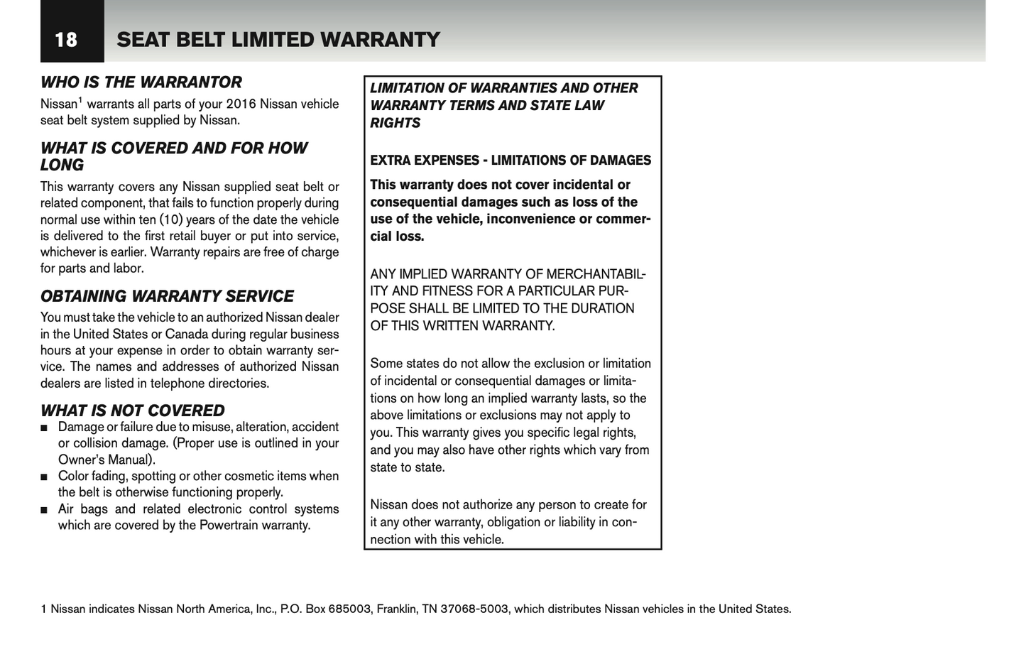 2016 Nissan GT-R Warranty Information Booklet Supplement Manual | English