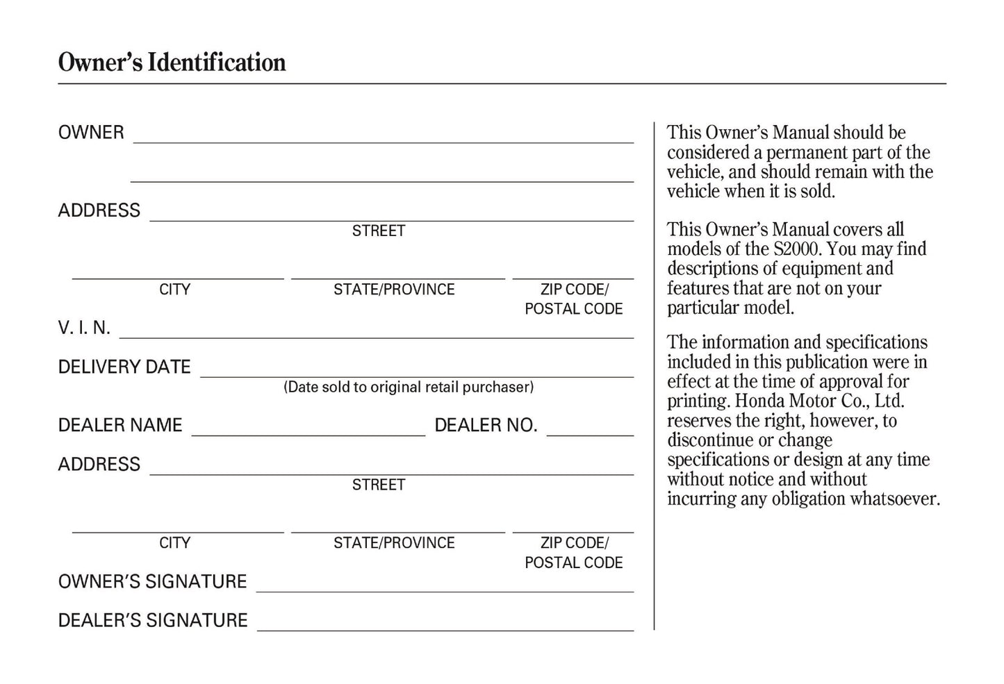 2002 Honda S2000 Owner's Manual | English US