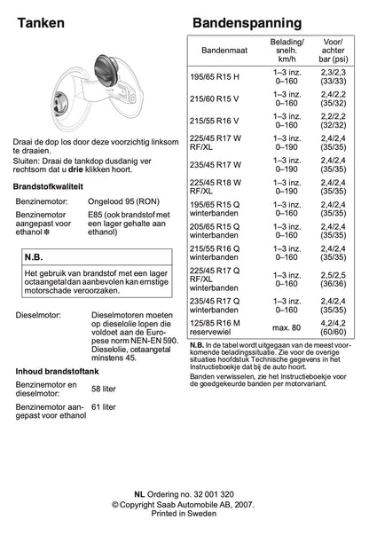 2007 Saab 9-3 Quick Start | Dutch