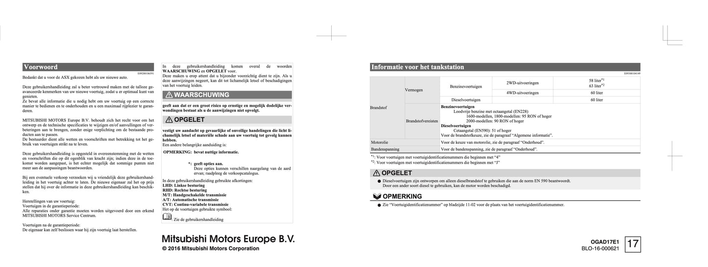 2017-2018 Mitsubishi ASX Owner's Manual | Dutch