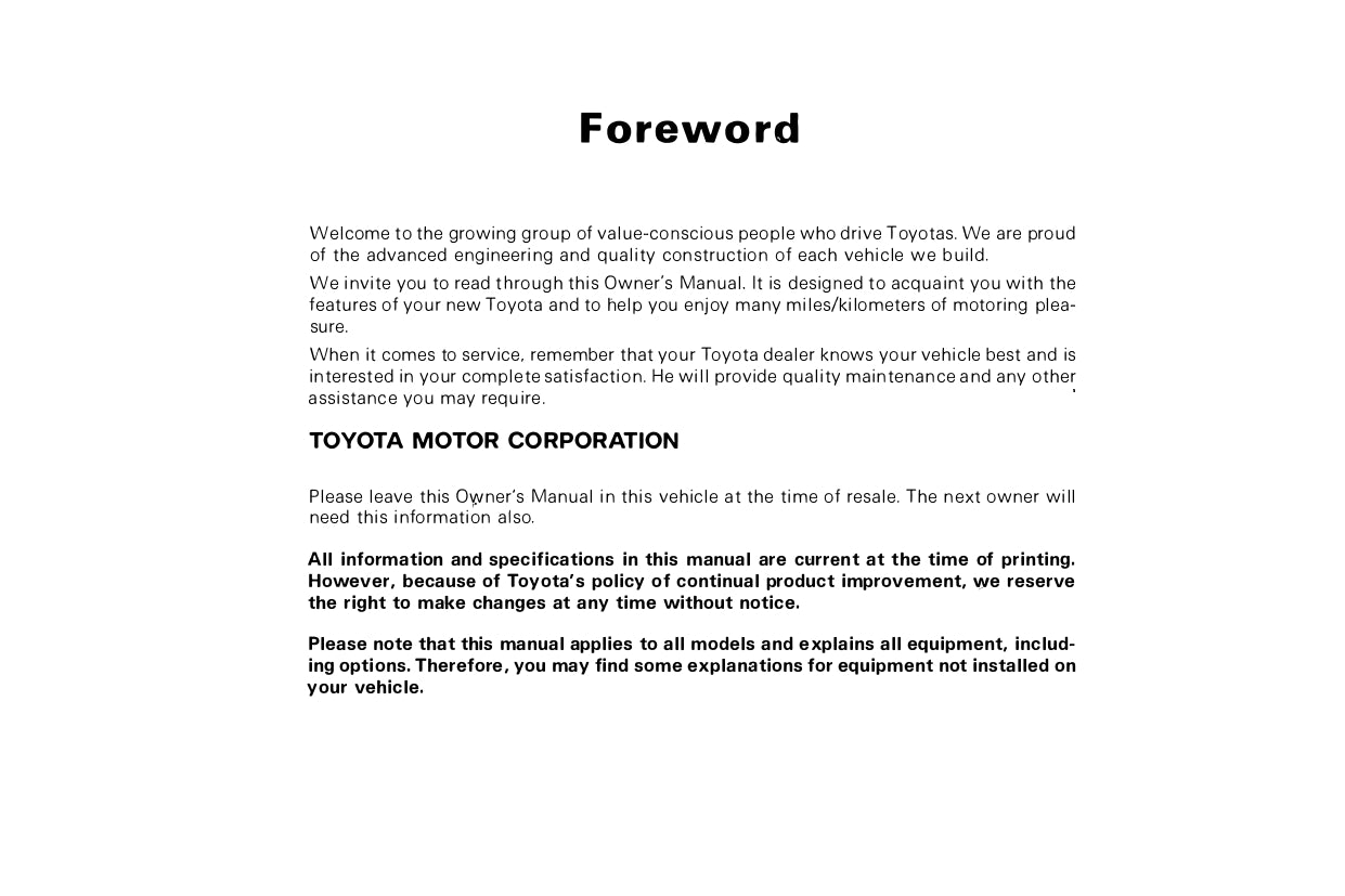 1987 Toyota 4WD Truck/4Runner Owner's Manual | English