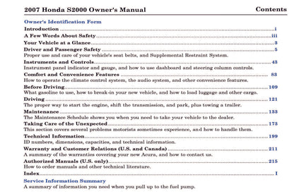 2007 Honda S2000 Owner's Manual | English