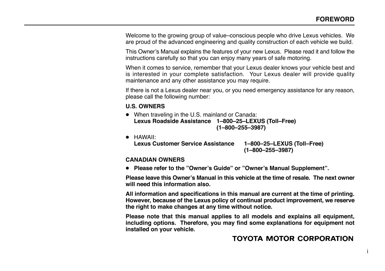 2001 Lexus LX 470 Owner's Manual | English