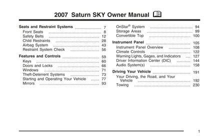 2007 Saturn Sky Owner's Manual | English