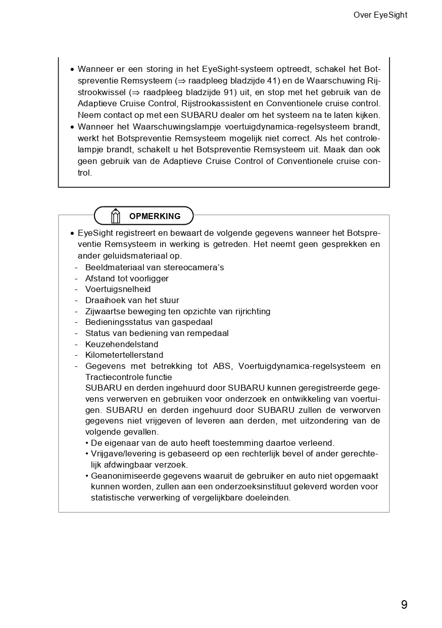 2019 Subaru Outback/Legacy Eyesight Manual | Dutch