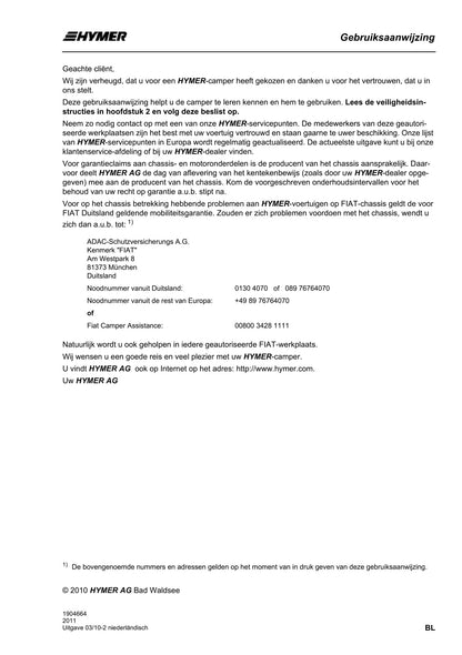 2011 Hymer B544 Gebruikershandleiding | Nederlands